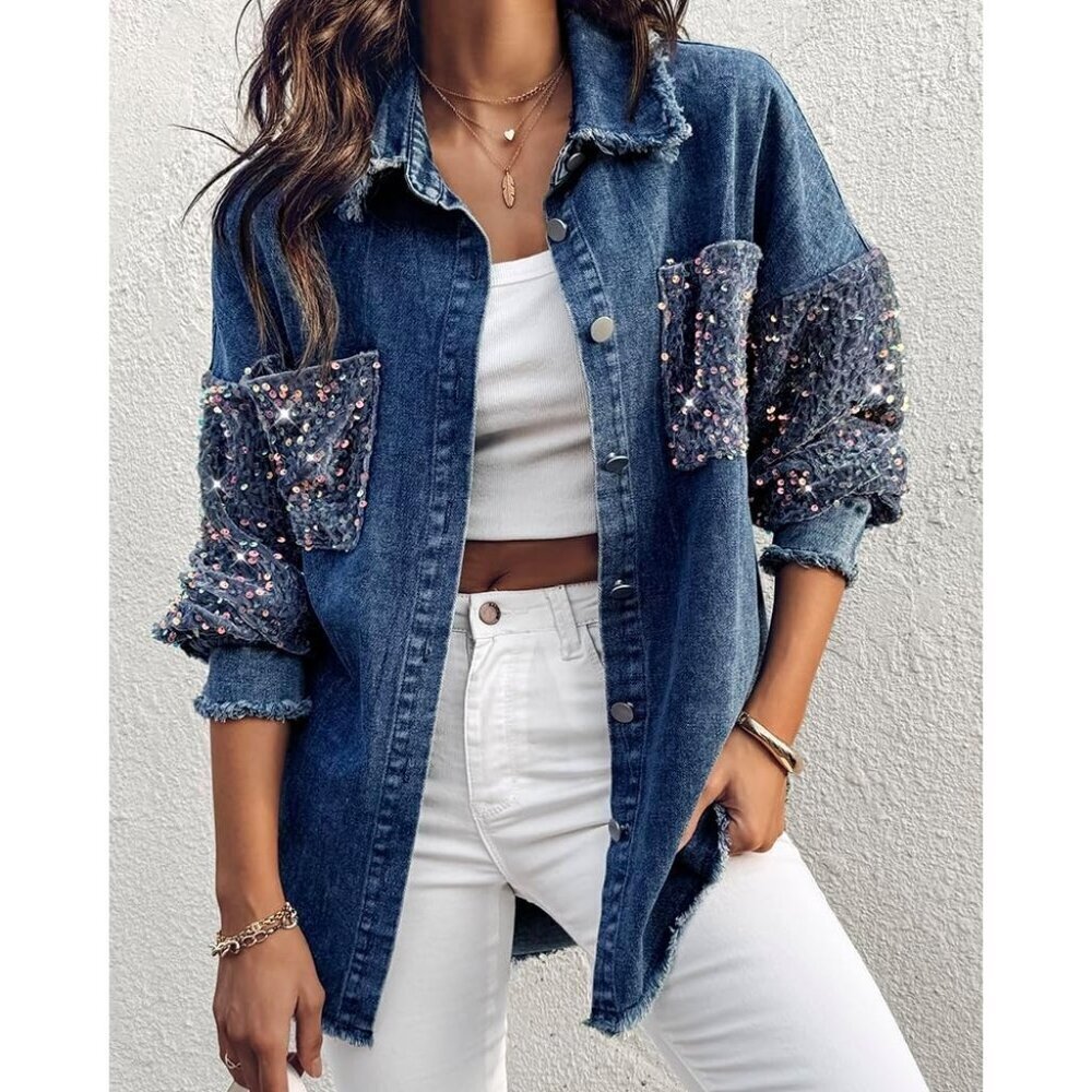 Women's Casual Denim Jacket Contrast Sequin Long Sleeve Denim Jackets Blue - Picture 6 of 7